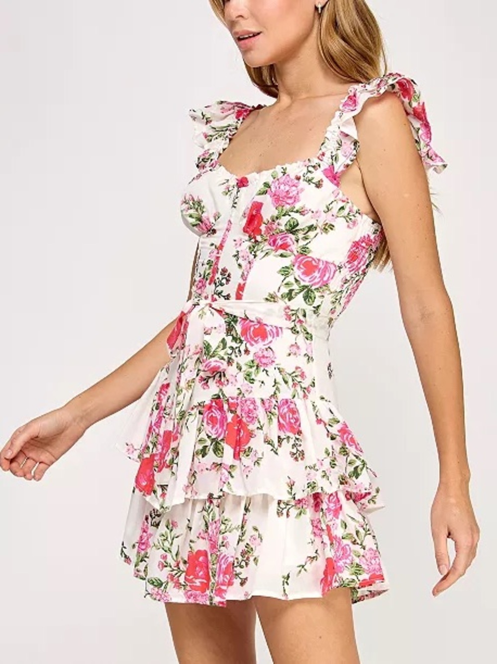 Crystal Doll White Mini Dress with Pink Floral Print